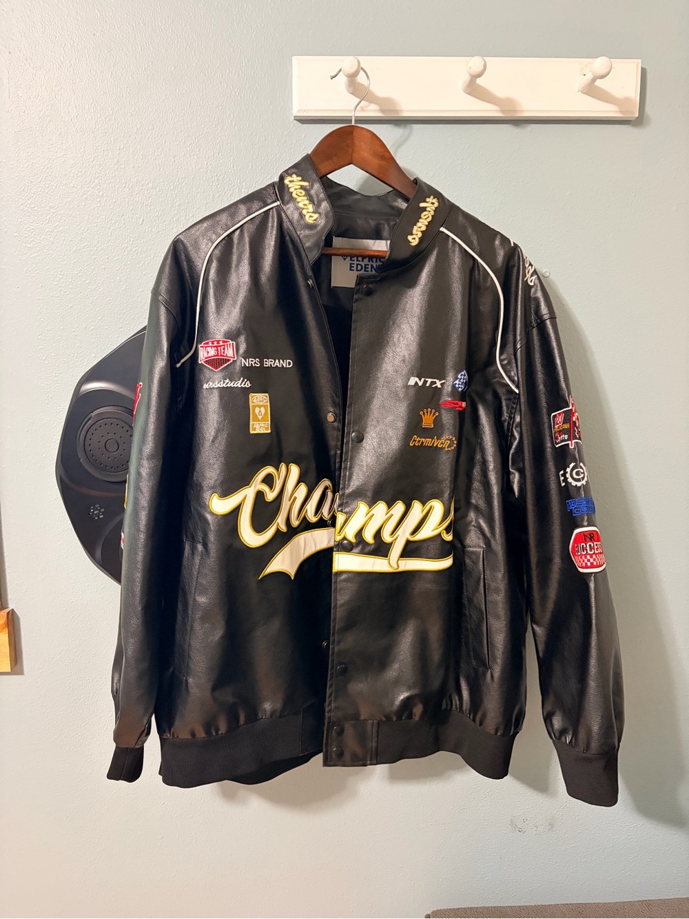 Aelfric Eden Black Leather 'Champ' Embroidered Racing Bomber Jacket